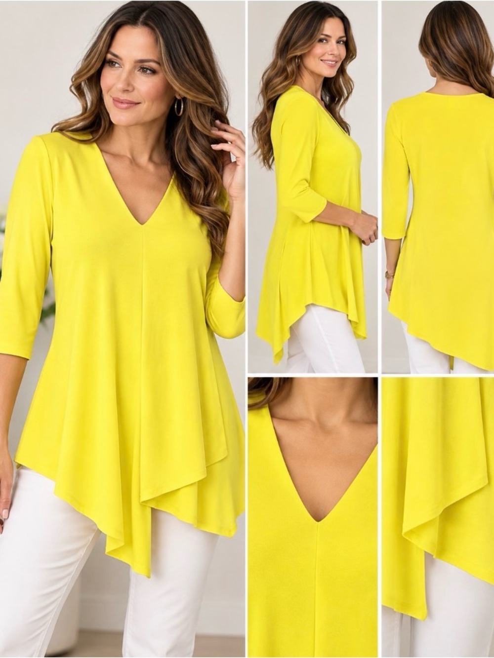 Joseph Ribkoff Yellow V-Neck Asymmetrical Tunic Top 3/4 Sleeve Size 8